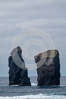 Mosteiros beach on the island of Sao Miguel in the Azores. Rock formation in coastline landscape