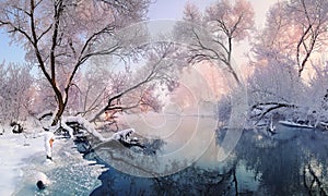 Mostly calm winter river, surrounded by trees covered with hoarfrost and snow that falls on a beautiful pink morning lighti
