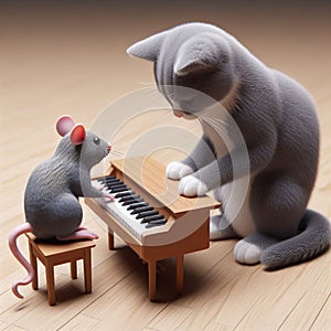 mosue playing piano on wodden piano, and a cat sitting in front of it, HD animals, funny pets and animals