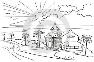 Motel on the coast of the south sea in the rays of the setting sun. Line graphics