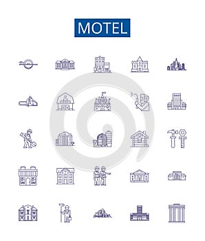 Motel line icons signs set. Design collection of Lodging, Inn, Stopover, Hostel, Resort, Accommodation, Overnight, Rest