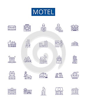 Motel line icons signs set. Design collection of Lodging, Inn, Stopover, Hostel, Resort, Accommodation, Overnight, Rest