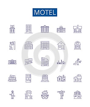 Motel line icons signs set. Design collection of Lodging, Inn, Stopover, Hostel, Resort, Accommodation, Overnight, Rest