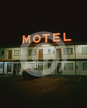 Motel neon sign at night, Warrenton, Virginia