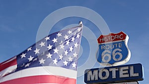 Motel retro sign on historic route 66 famous travel destination, vintage symbol of road trip in USA. Iconic lodging signboard in