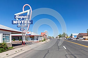 Motel and Route 66 sign Supai on Historic Route 66. Built in 1904. The neon light lost color but is still in use