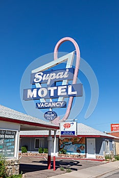 Motel and Route 66 sign Supai on Historic Route 66. Built in 1904. The neon light lost color but is still in use