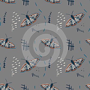 Moth, flower and leaves vector seamless pattern. Night butterfly nature illustration. Boho insect background. Design for fashion