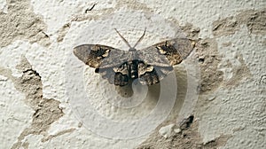 A moth with patterned wings rests on a textured wall surface