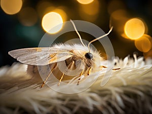 Moth is perched on top of white, fluffy object. The moth has yellow eyes and appears to be looking at camera. It\'s