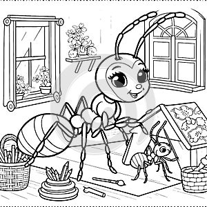 Mother ant plays with her baby in a room with toys. Children coloring book. Raster, generative ai.