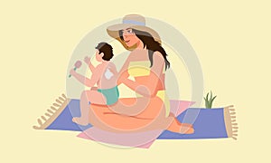 Mother applies sunscreen to the baby s skin. Kid Sun cream. Sun protection for kid skin. Summer vacation