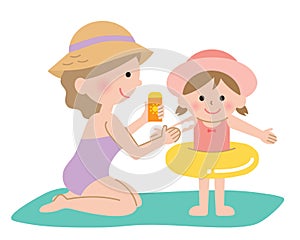 Mother apply sunscreen on girlâ€™s arm. health care and uv protection concept