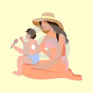 Mother applying sunscreen to baby. UV protection. Vacation on the beach. SPF cream using vector illustration
