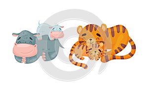 Mother and baby animals set. Hippo and tiger moms hugging their kids cartoon vector illustration