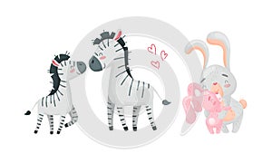 Mother and baby animals set. Zebra and rabbit moms hugging their kids cartoon vector illustration