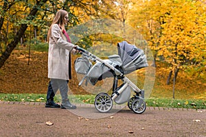 Mother with baby carriage walking in the autumn park, side view.