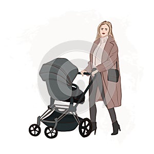 Mother with baby carriage walking on the street hand drawn illustration. Girl pushing a stroller fashion sketch. Mothe