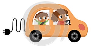 Mother and baby driving electro car. Alternative transport concept. Earth day illustration with family on ecological