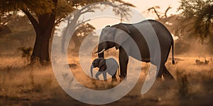 mother and baby elephant walking in a savannah, with a sunrise and acacia trees in the background. Generative AI