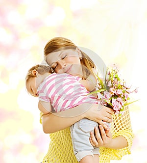Mother and Baby Family Portrait Flowers, Little Kid Embracing
