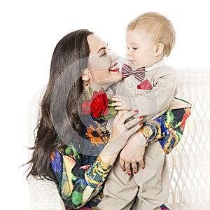 Mother and Baby Gives Flower Bouquet Gift, Happy Mom and Son Boy