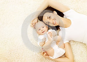 Mother and Baby, Happy Kid Boy with Mom in Bed, Family and Child