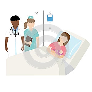 Mother and baby in hospital bed with doctor and nurse