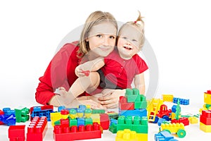 Mother Baby Kid Playing Blocks Toys, Little Child Girl