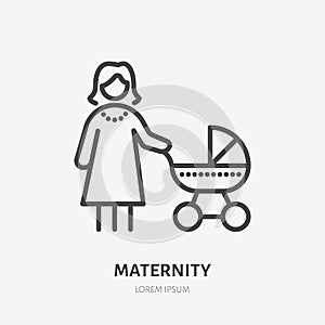 Mother baby line icon, vector pictogram of woman with stroller. Young mom on maternity leave, babysitting illustration