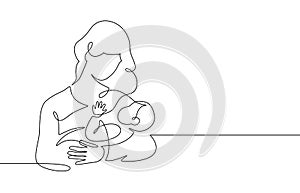 Mother and baby line. Mom hugs child. Motherhood and newborn concept. Happy woman holds toddler continuous one line