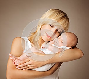 Mother and Baby, Mom with Sleeping Newborn Kid, Happy Child