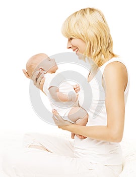 Mother Baby Newborn Family, Parent Holding New Born Kid on White