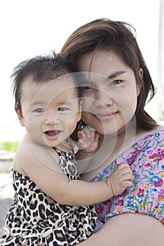 Mother and baby with nice face happiness emotion