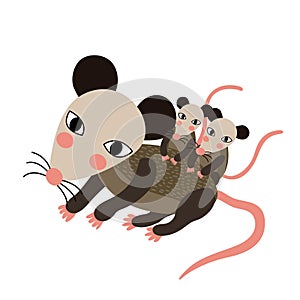 Mother and baby Opossum animal cartoon character vector illustration