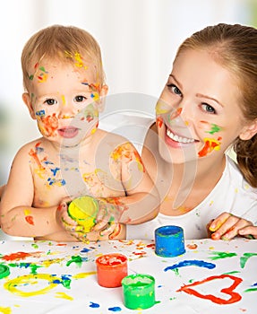 Mother and baby paint colors hands dirty