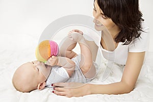 Mother and Baby Playing Toy Ball, New Born Kid Play with Mom