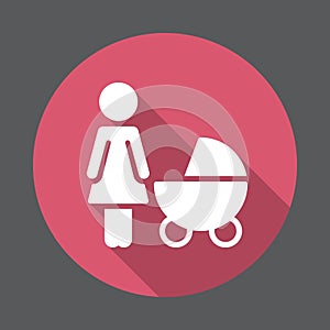 Mother with baby pram flat icon. Round colorful button, circular vector sign with long shadow effect.