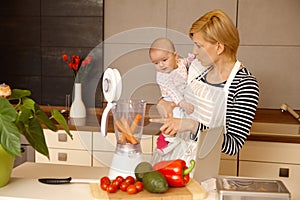 Mother and baby preparing food