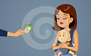 Mother with Baby Receiving Money from Alimony Vector Illustration