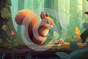 Mother and baby squirrel in the forest. from generative ai