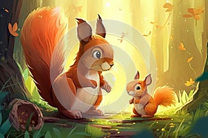 Mother and baby squirrel in the forest. from generative ai