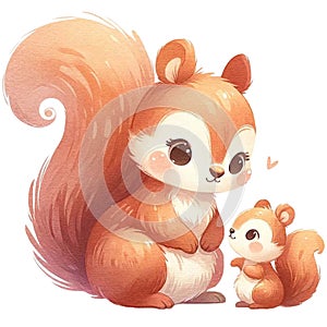 Mother and baby squirrel watercolor clipart. Ai Generate