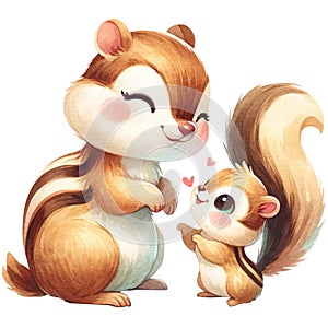 Mother and baby squirrel watercolor clipart. Ai Generate