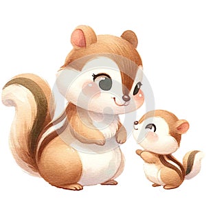 Mother and baby squirrel watercolor clipart. Ai Generate