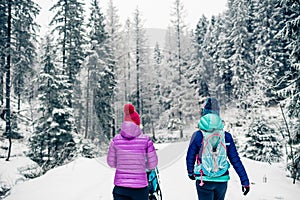 Mother with baby stroller enjoying motherhood in winter forest