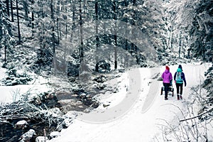 Mother with baby stroller enjoying motherhood in winter forest