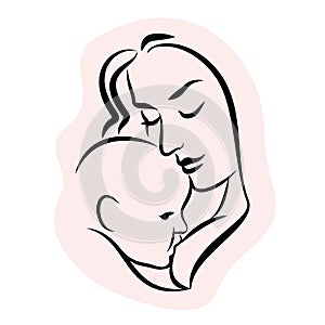 Mother with baby. Stylized outline symbol. Woman breastfeeding