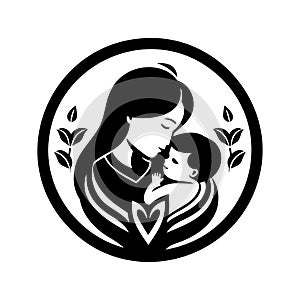 mother and baby stylized vector symbol, mom hugs her child logo template