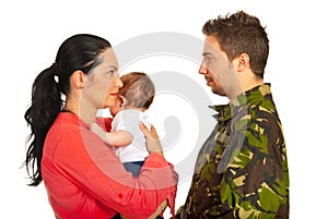 Mother with baby talk with military dad